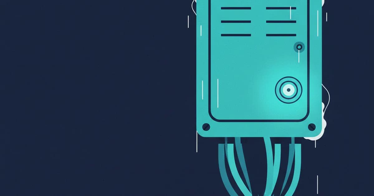 A cyan telecom junction box with cables emerges from a deep navy background, highlighted by lighter navy and white accents.