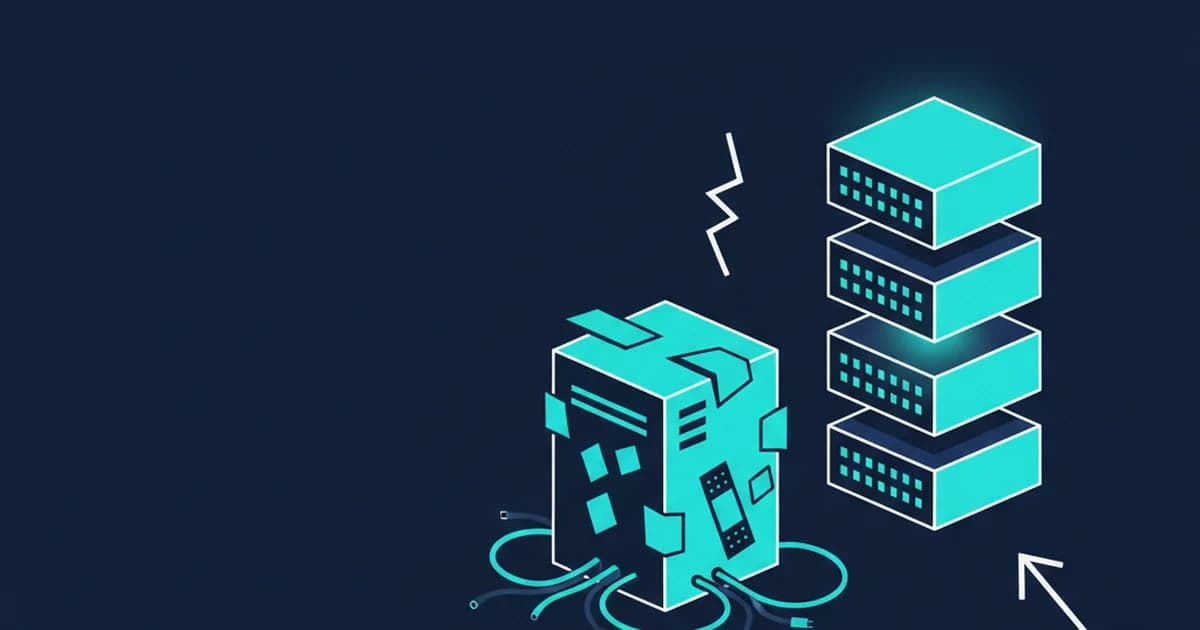 A server tower with several bandages and loose wires sits beside a stack of new servers, all on a dark navy background.