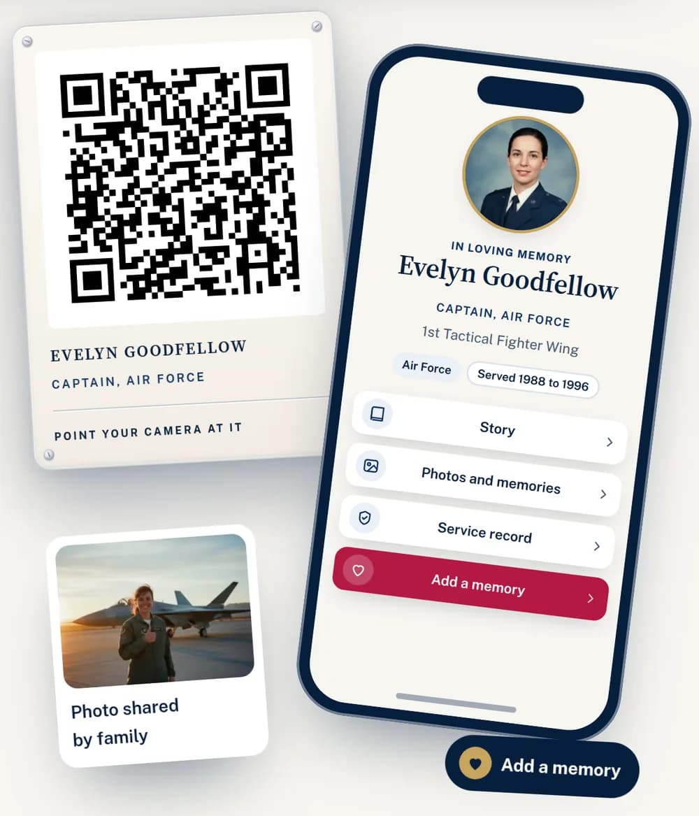 Memorial platform: a QR marker plaque next to a phone showing the veteran's memorial page with Story, Photos and memories, Service record and Add a memory