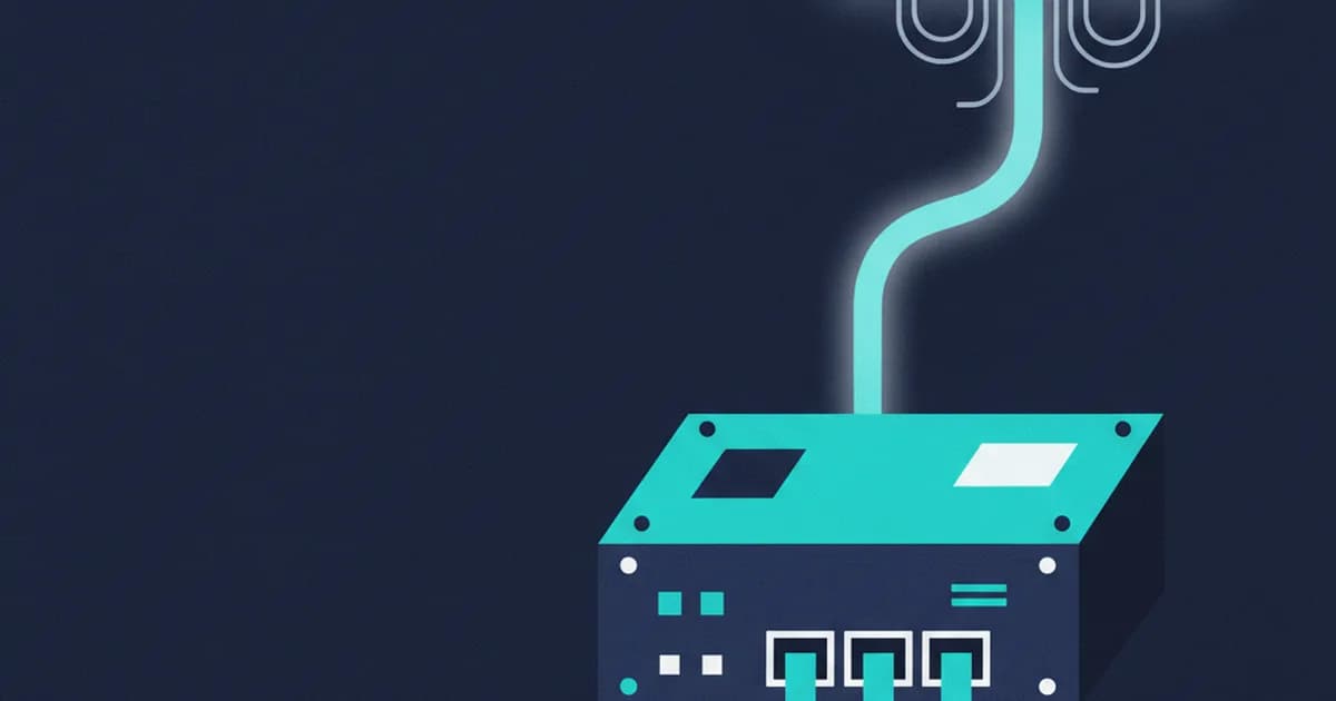 A dark navy background features a network switch connecting to a stylized cloud, with cyan accents and white details.