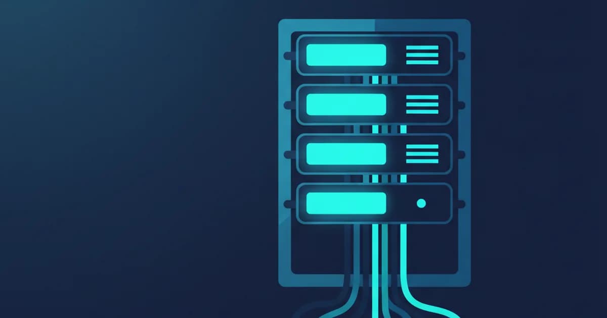 A cyan server rack with glowing elements and cables sits on a dark navy background, slightly to the right of the center.