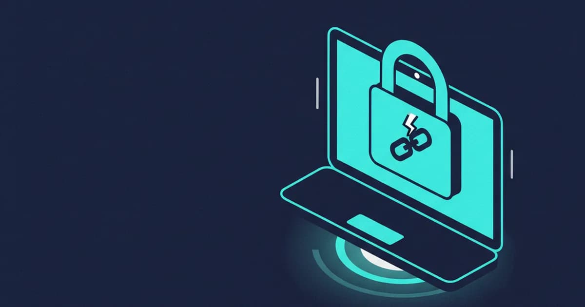 A cyan laptop with a broken link padlock icon on its screen sits on a dark navy background.