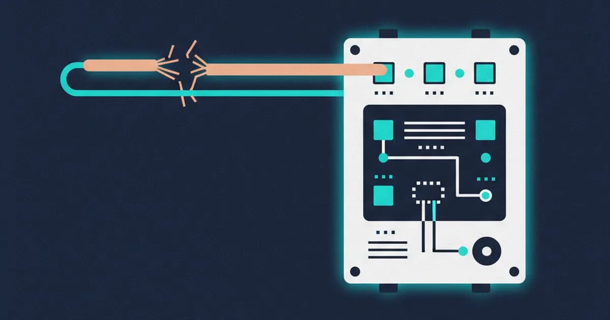 A flat illustration shows a broken copper phone line connected to a white fire alarm panel on a dark navy background.