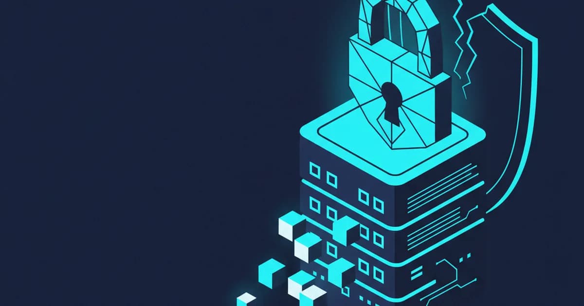 A cyan broken padlock sits on top of server racks, with a fractured shield to the side, all on a dark navy background.