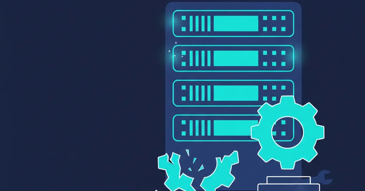 A navy server with cyan lights stands next to a broken cyan gear and a wrench, all on a dark navy background.